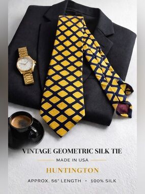 Huntington Vintage Geometric Silk Tie Navy Gold USA Made